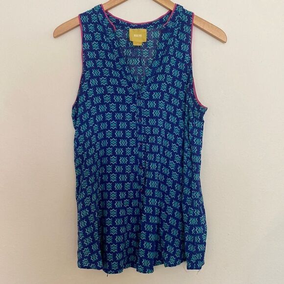 Maeve Anthropologie rayon tank blouse v neck button dwn sz 10 blue print w/ pink - Picture 1 of 7
